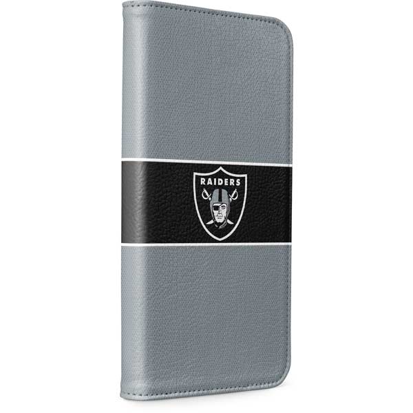 Skinit Folio Phone Case Compatible with iPhone 12 Pro Max - Officially Licensed NFL Las Vegas Raiders Design - Faux-Leather Wallet Cover Black