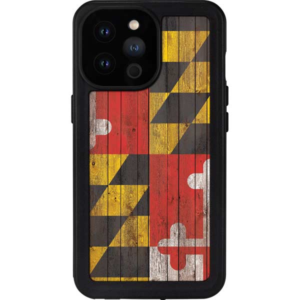 Maryland Flag Dark Wood Waterproof Case for iPhone 15 Pro Max